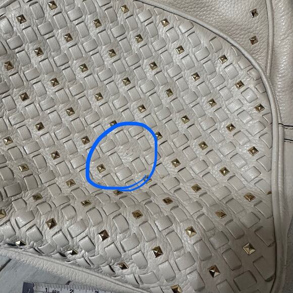 Michael Kors Abbey Backpack Gold Studded Cream Party Travel Woven Purse FLAW - Picture 2 of 10